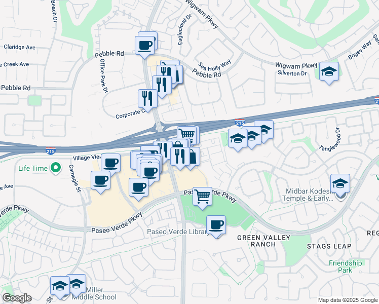 map of restaurants, bars, coffee shops, grocery stores, and more near 100 South Green Valley Parkway in Henderson