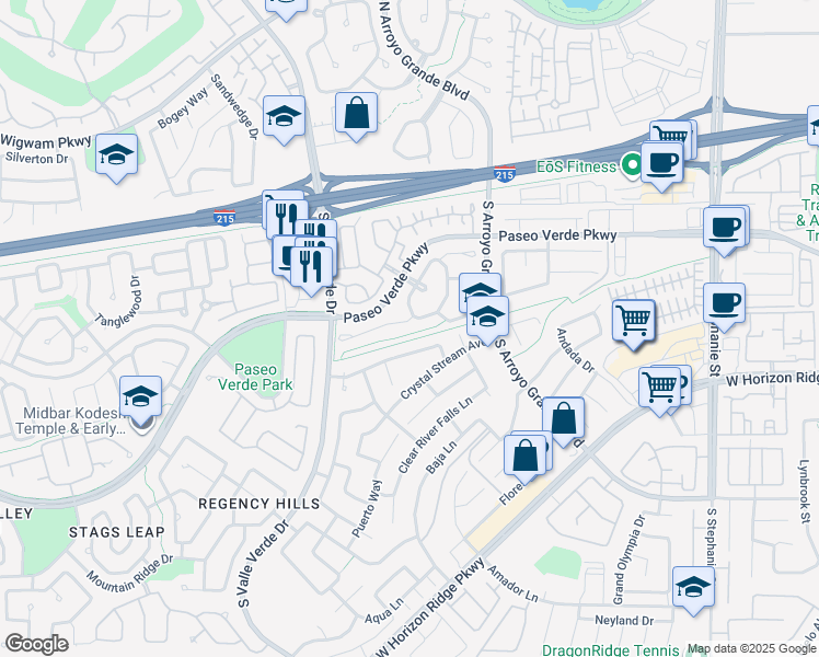 map of restaurants, bars, coffee shops, grocery stores, and more near 47 Trailside Court in Henderson