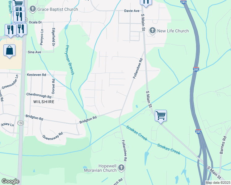 map of restaurants, bars, coffee shops, grocery stores, and more near 250 Orchard Park Lane in Winston-Salem