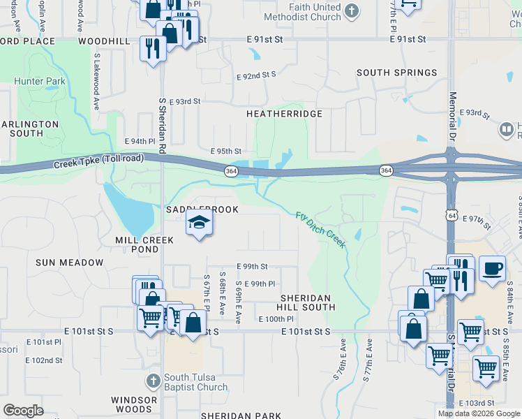 map of restaurants, bars, coffee shops, grocery stores, and more near 6929 East 97th Street in Tulsa