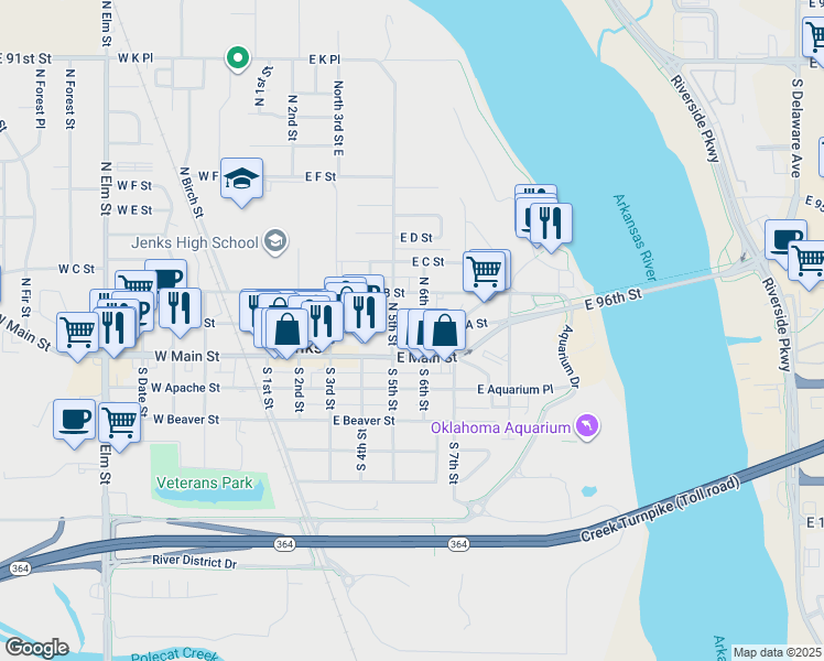 map of restaurants, bars, coffee shops, grocery stores, and more near 531 East A Street in Jenks
