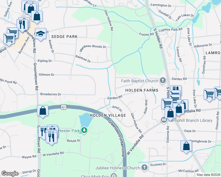 map of restaurants, bars, coffee shops, grocery stores, and more near 2906 Glen Hollow Road in Greensboro