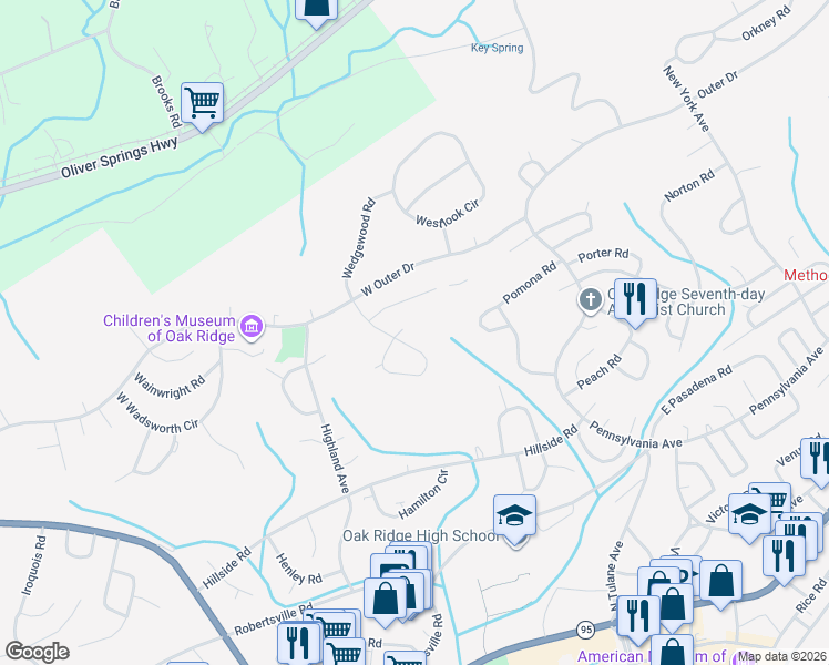 map of restaurants, bars, coffee shops, grocery stores, and more near 111 Waddell Place in Oak Ridge