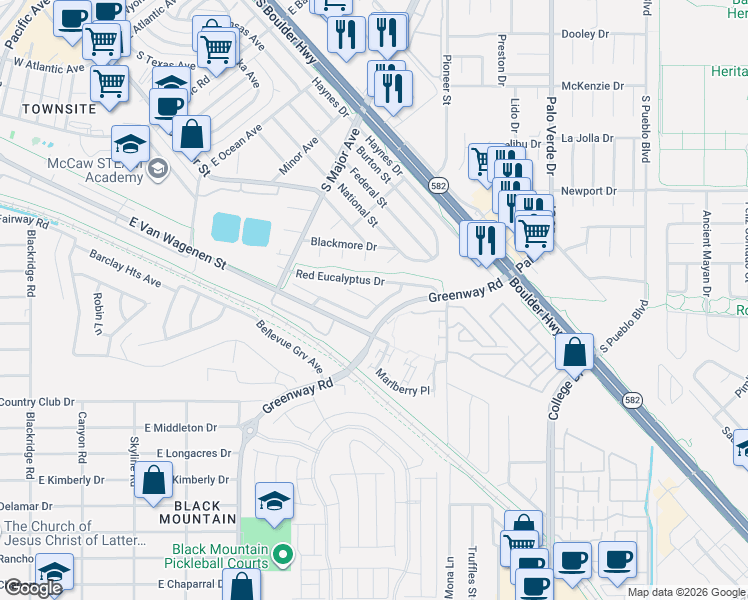 map of restaurants, bars, coffee shops, grocery stores, and more near 355 Red Eucalyptus Drive in Henderson