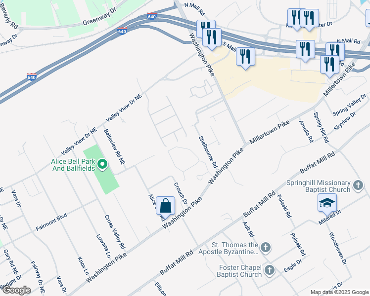 map of restaurants, bars, coffee shops, grocery stores, and more near 3204 Lightspring Lane in Knoxville