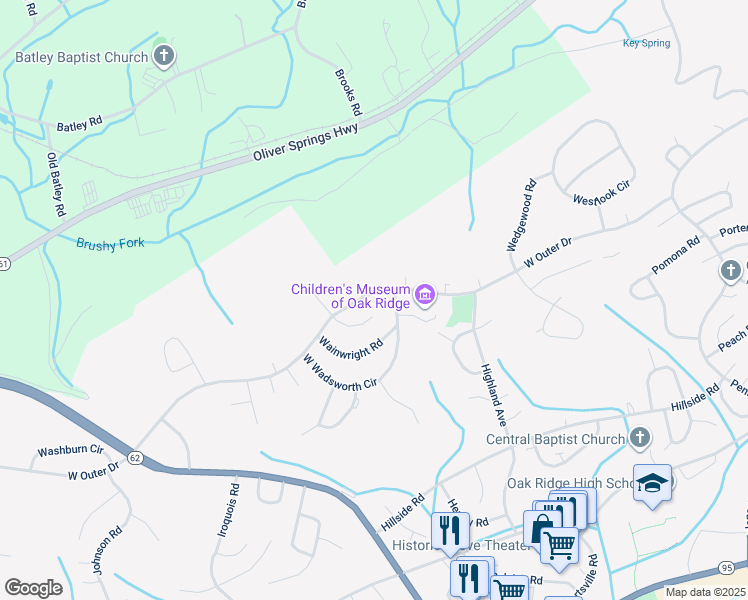 map of restaurants, bars, coffee shops, grocery stores, and more near 490 West Outer Drive in Oak Ridge