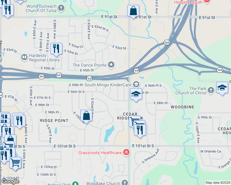 map of restaurants, bars, coffee shops, grocery stores, and more near 9525 East 50th Place in Tulsa