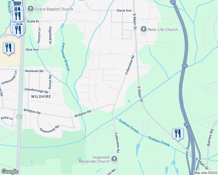 map of restaurants, bars, coffee shops, grocery stores, and more near 250 Orchard Park Lane in Winston-Salem
