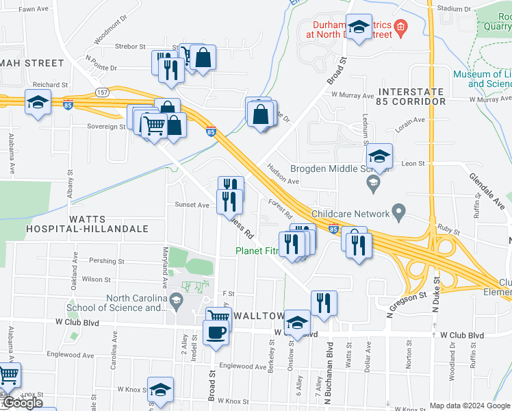 map of restaurants, bars, coffee shops, grocery stores, and more near 1611 Sedgefield Street in Durham