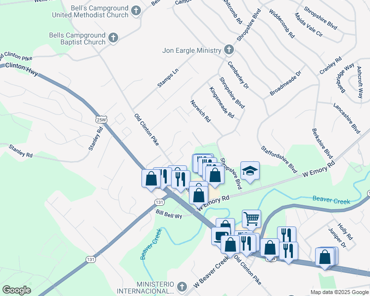 map of restaurants, bars, coffee shops, grocery stores, and more near 7620 Old Clinton Pike in Powell