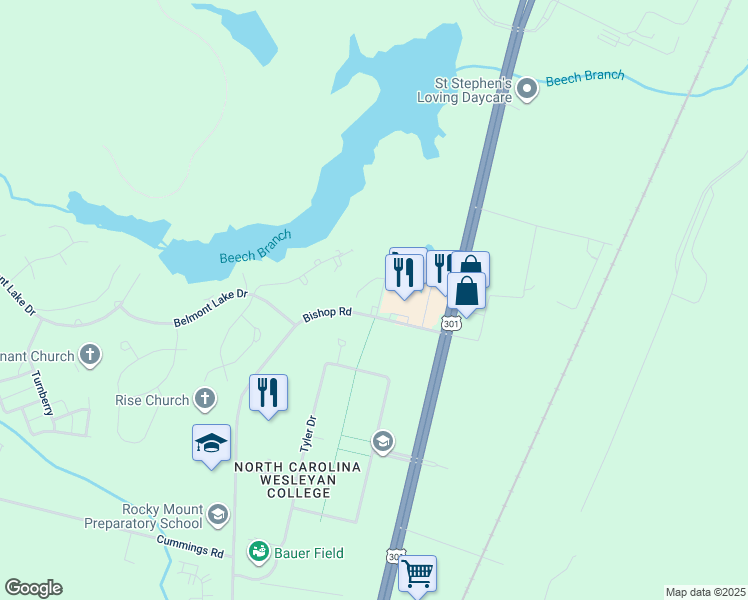 map of restaurants, bars, coffee shops, grocery stores, and more near 3738 Savannah Way in Rocky Mount