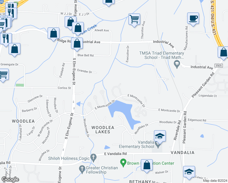 map of restaurants, bars, coffee shops, grocery stores, and more near 377 East Montcastle Drive in Greensboro
