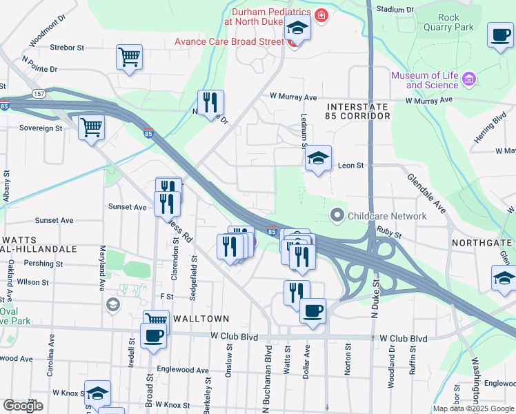 map of restaurants, bars, coffee shops, grocery stores, and more near 1301 East Hudson Avenue in Durham