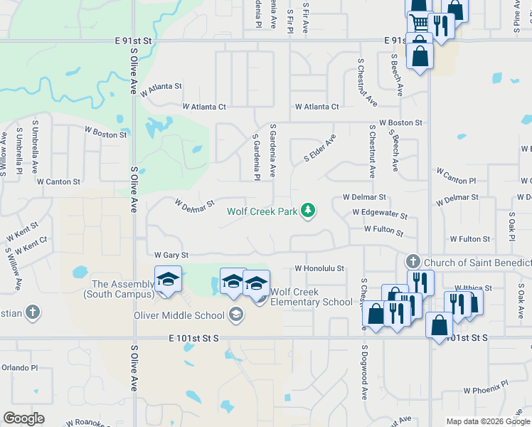 map of restaurants, bars, coffee shops, grocery stores, and more near 2913 South Gardenia Avenue in Broken Arrow