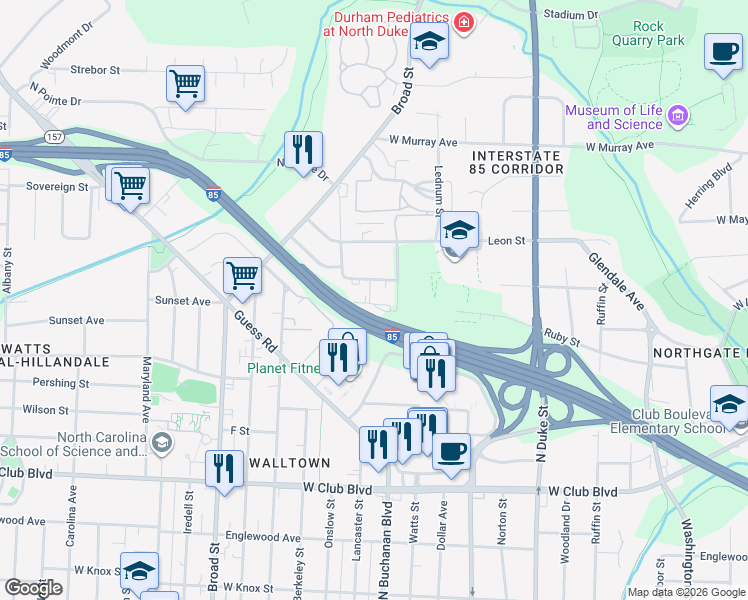 map of restaurants, bars, coffee shops, grocery stores, and more near 1309 Hudson Avenue in Durham