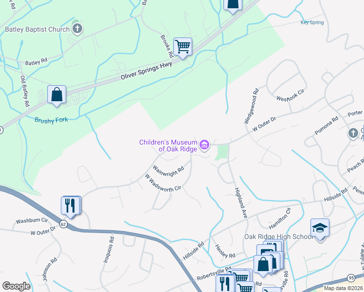 map of restaurants, bars, coffee shops, grocery stores, and more near 490 West Outer Drive in Oak Ridge