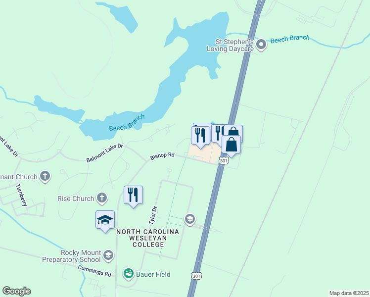 map of restaurants, bars, coffee shops, grocery stores, and more near 3738 Savannah Way in Rocky Mount
