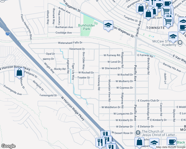 map of restaurants, bars, coffee shops, grocery stores, and more near 446 Crestway Road in Henderson
