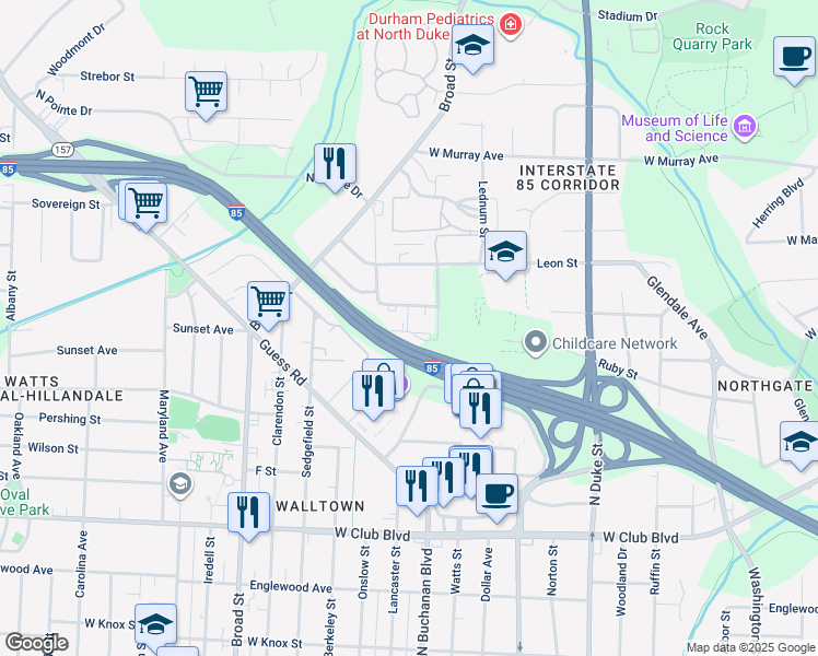 map of restaurants, bars, coffee shops, grocery stores, and more near 1301 East Hudson Avenue in Durham