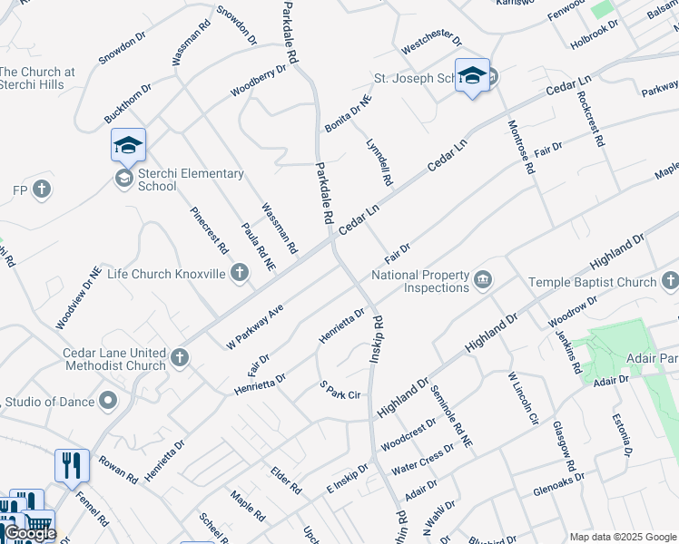 map of restaurants, bars, coffee shops, grocery stores, and more near 1221 West Parkway Avenue in Knoxville