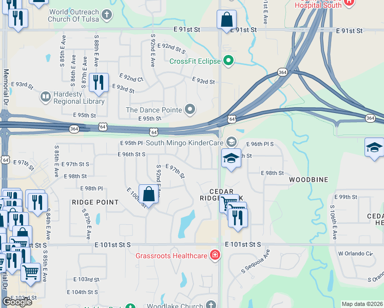 map of restaurants, bars, coffee shops, grocery stores, and more near 9525 East 50th Place in Tulsa