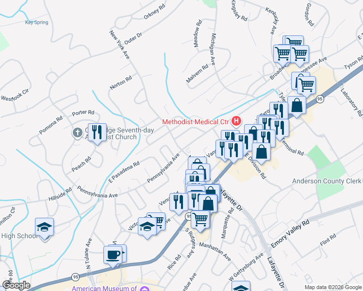 map of restaurants, bars, coffee shops, grocery stores, and more near 226 West Tennessee Avenue in Oak Ridge