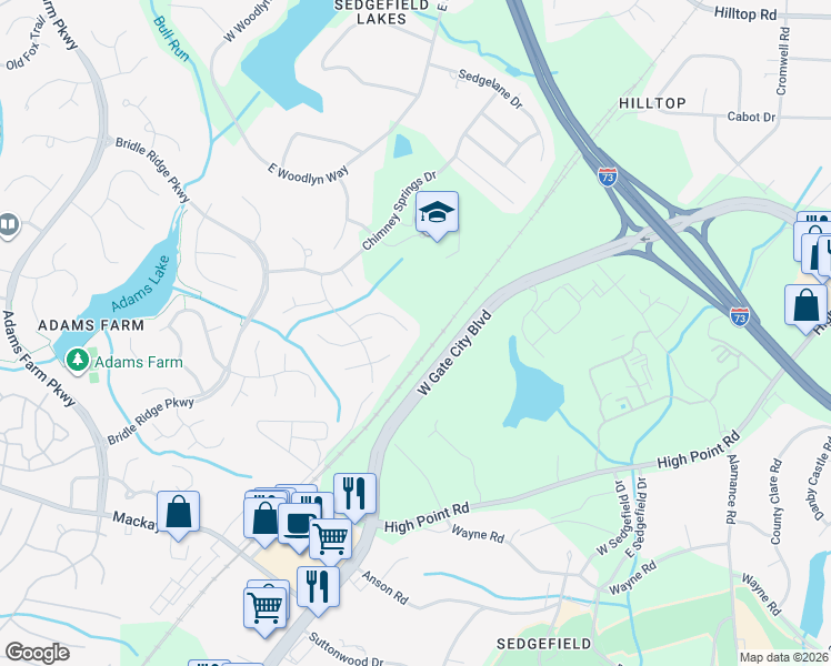 map of restaurants, bars, coffee shops, grocery stores, and more near 31 Archer Glen Court in Greensboro