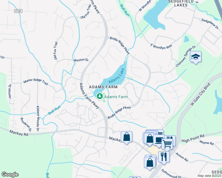 map of restaurants, bars, coffee shops, grocery stores, and more near 5106 Windermere Drive in Greensboro