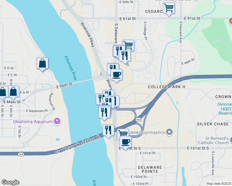 map of restaurants, bars, coffee shops, grocery stores, and more near Service Road in Tulsa