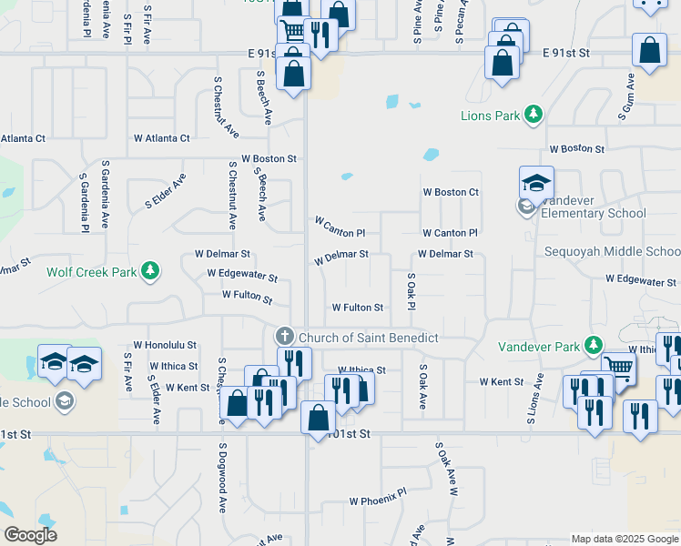 map of restaurants, bars, coffee shops, grocery stores, and more near 2512 South Sycamore Avenue in Broken Arrow