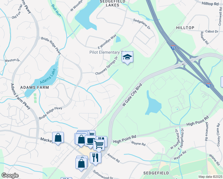 map of restaurants, bars, coffee shops, grocery stores, and more near 4800 Crofton Springs Court in Greensboro