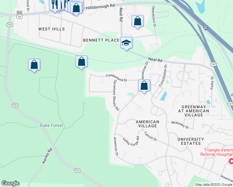 map of restaurants, bars, coffee shops, grocery stores, and more near 4610 Sycamore Shoals Road in Durham