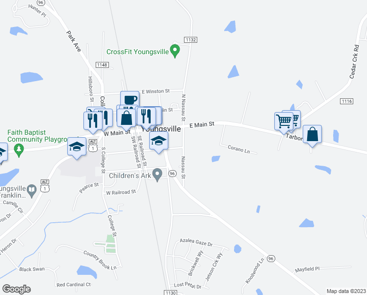 map of restaurants, bars, coffee shops, grocery stores, and more near 209 South Nassau Street in Youngsville
