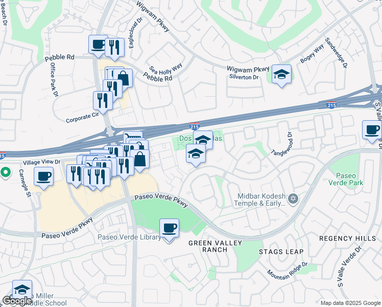 map of restaurants, bars, coffee shops, grocery stores, and more near 2060 Desert Shadow Trail in Henderson