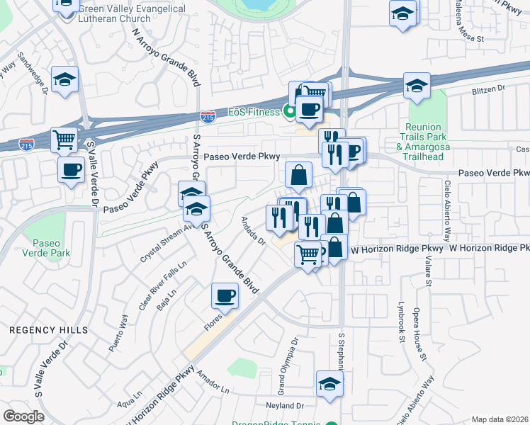 map of restaurants, bars, coffee shops, grocery stores, and more near 1455 Verde Triandos Drive in Henderson