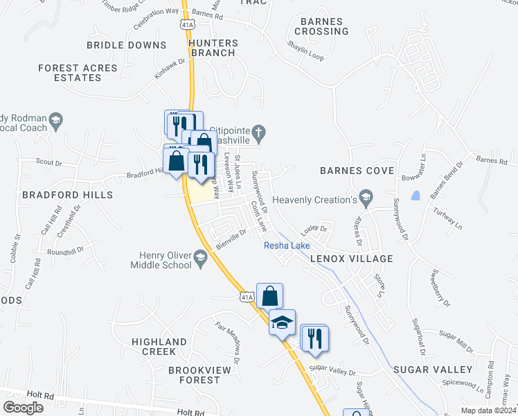 map of restaurants, bars, coffee shops, grocery stores, and more near 7117 Sunnywood Drive in Nashville