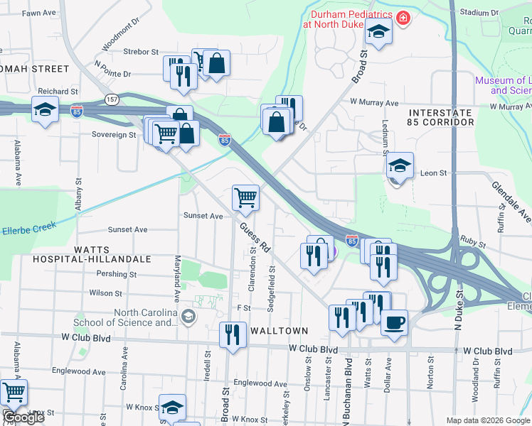 map of restaurants, bars, coffee shops, grocery stores, and more near 1710 Hillcrest Drive in Durham