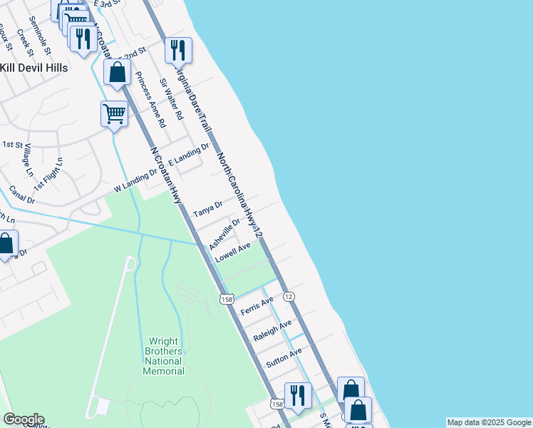 map of restaurants, bars, coffee shops, grocery stores, and more near 1113 North Virginia Dare Trail in Kill Devil Hills