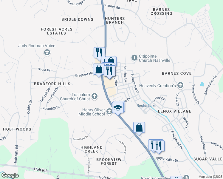 map of restaurants, bars, coffee shops, grocery stores, and more near 6900 Nolensville Pike in Brentwood