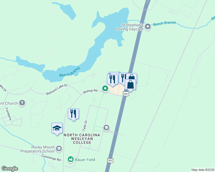 map of restaurants, bars, coffee shops, grocery stores, and more near 3766 Savannah Place in Rocky Mount