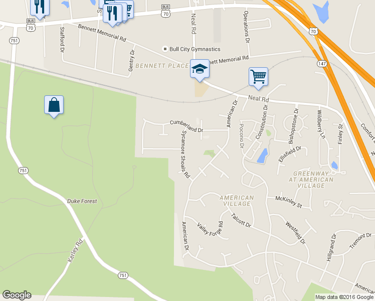 map of restaurants, bars, coffee shops, grocery stores, and more near 103 Regiment Way in Durham