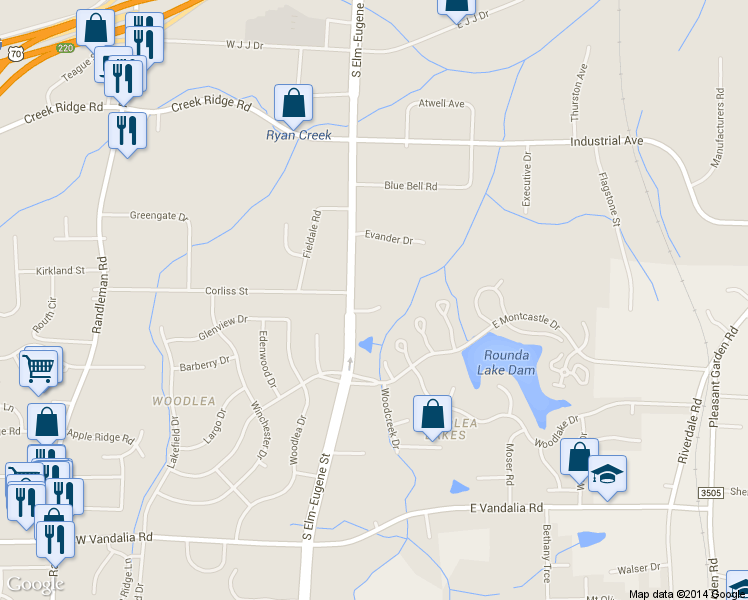 map of restaurants, bars, coffee shops, grocery stores, and more near 7 Woodlea Ridge Court in Greensboro