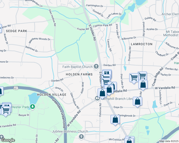 map of restaurants, bars, coffee shops, grocery stores, and more near 3201 Darden Road in Greensboro