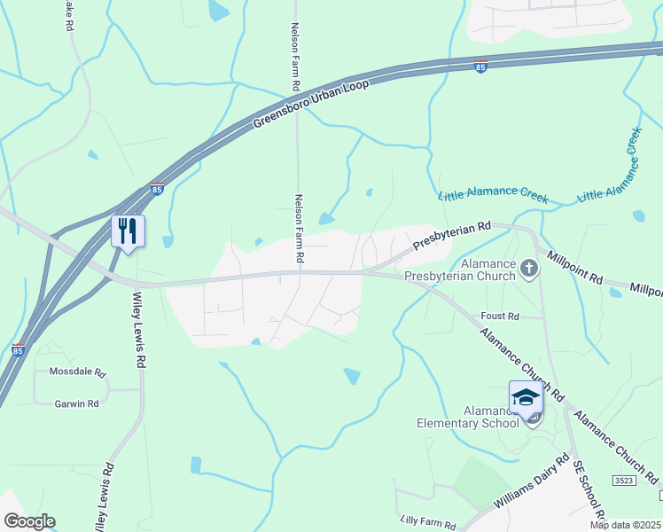 map of restaurants, bars, coffee shops, grocery stores, and more near 1907 Alamance Church Road in Greensboro