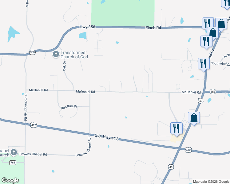 map of restaurants, bars, coffee shops, grocery stores, and more near McDaniel Road in Paragould