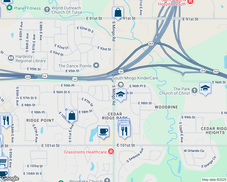 map of restaurants, bars, coffee shops, grocery stores, and more near S Mingo Rd & E 97th St in Tulsa