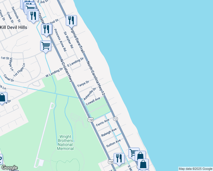 map of restaurants, bars, coffee shops, grocery stores, and more near 1113 North Virginia Dare Trail in Kill Devil Hills