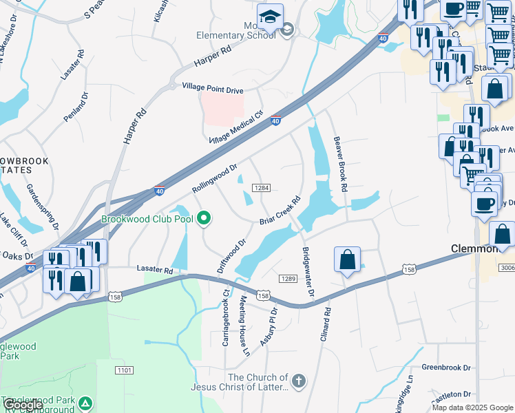 map of restaurants, bars, coffee shops, grocery stores, and more near 4260 Stoney Brook Road in Clemmons