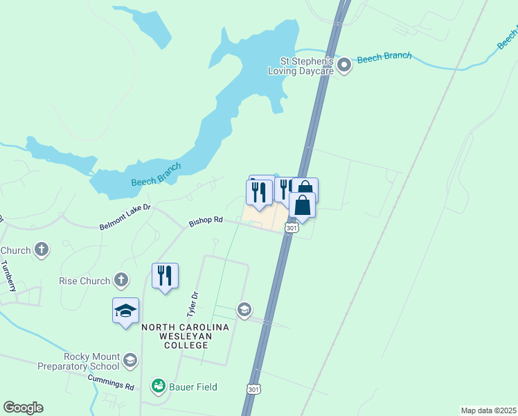 map of restaurants, bars, coffee shops, grocery stores, and more near 3936 Bishop Road in Rocky Mount