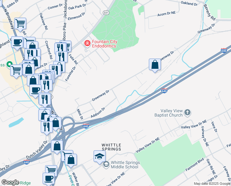 map of restaurants, bars, coffee shops, grocery stores, and more near 4628 Nora Road Northeast in Knoxville